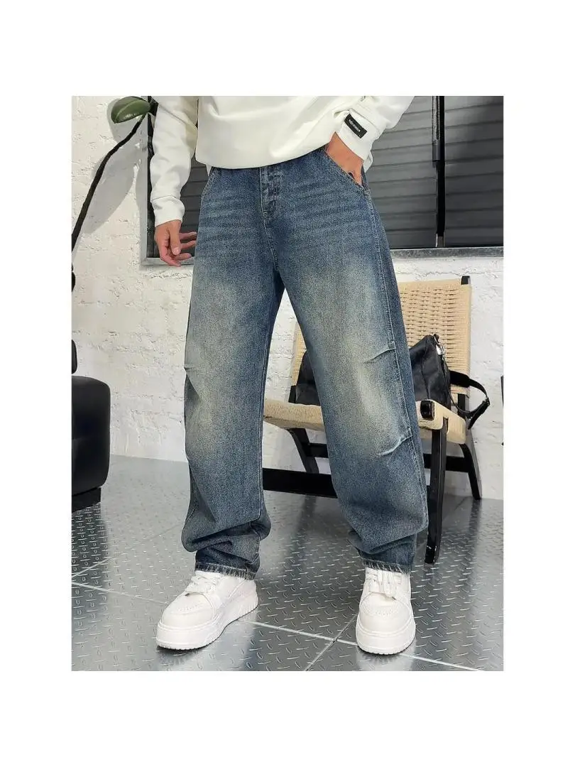 

Ретро джинсы с плиссировкой, прямые, с эластичным поясом, длинные брюки, молодежные, модные, дышащие, теплые, повседневные джинсы для поездок на работу