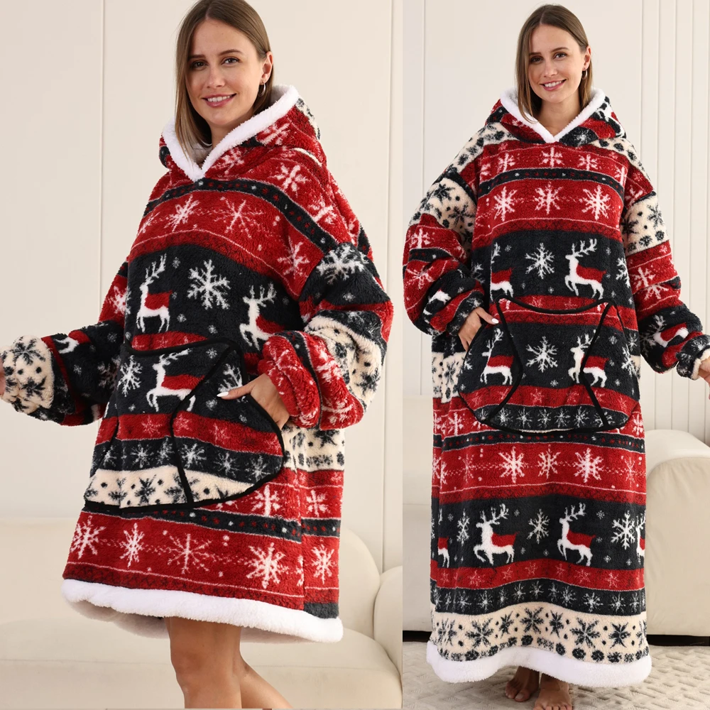 Short/Long Wearable Blankets Christmas Hoodies Winter Flannel Hooded Blanket with Full Sleeves Men Women Warm Adult TV Blanket
