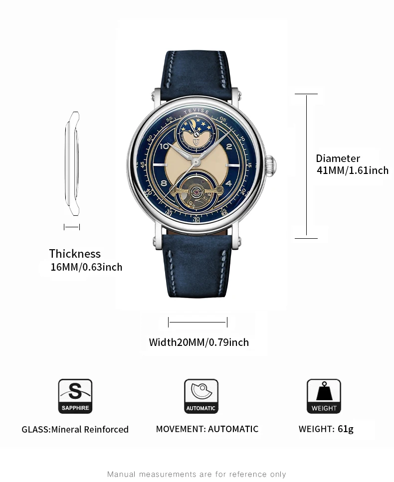 ساعة TEVISE ميكانيكية أوتوماتيكية جديدة للرجال ساعة هيكل عظمي لمرحلة القمر وحزام جلدي مضيء ساعة عصرية فاخرة