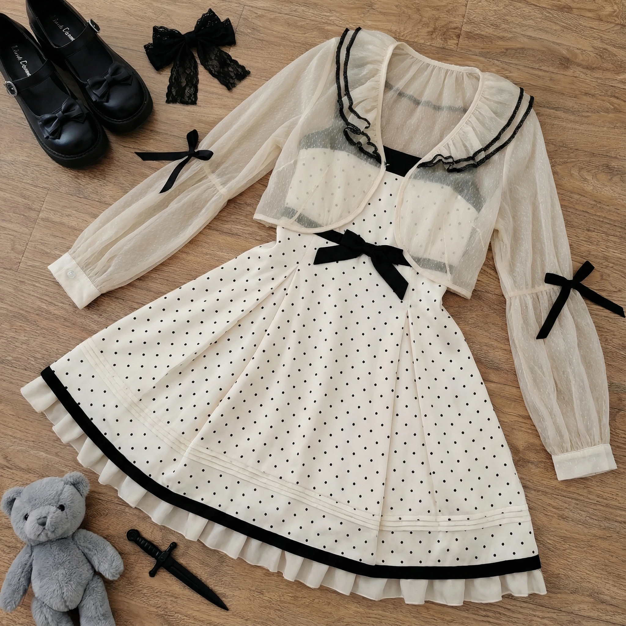 

Дизайнерское милое кавайное платье Лолиты в горошек, женское французское элегантное новое платье с бантом, комплект из 2 предметов, женский модный короткий кардиган с длинными рукавами