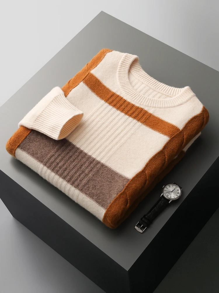 Autumn Winter Men O-neck Wool Sweater Pullover 100% Merino Wool Knitted Twist Flower Cashmere Contrast Color Jacquard Thick Tops