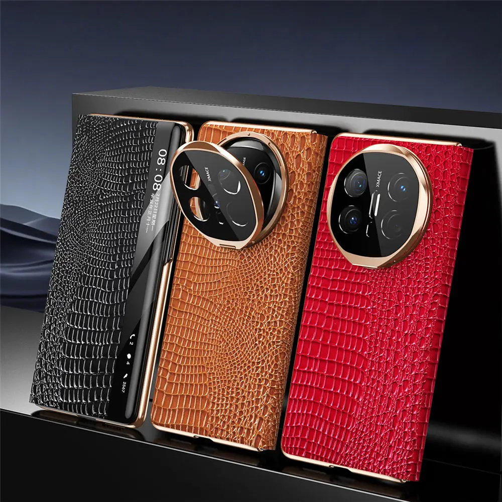 

Genuine Cowhide Leather Magnetic Flip Case for Huawei Mate X6 X5 X3 Crocodile Window View Cover