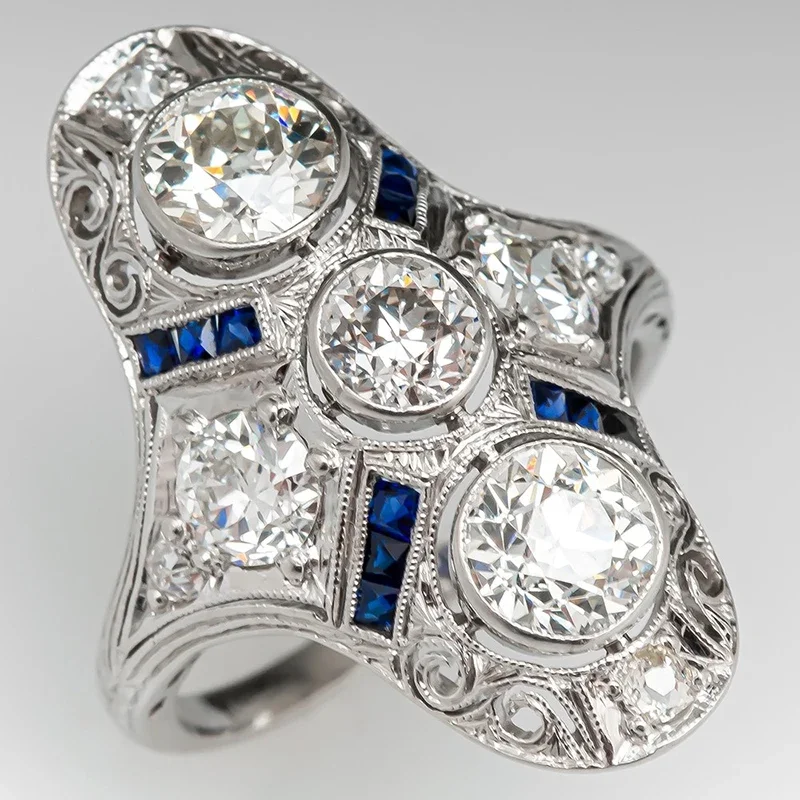 Huitan Gorgeous Wide Rings for Women Unique Design Blue/Green CZ Hollow Rings Vintage Accessories Daily Wear Party Lady Jewelry