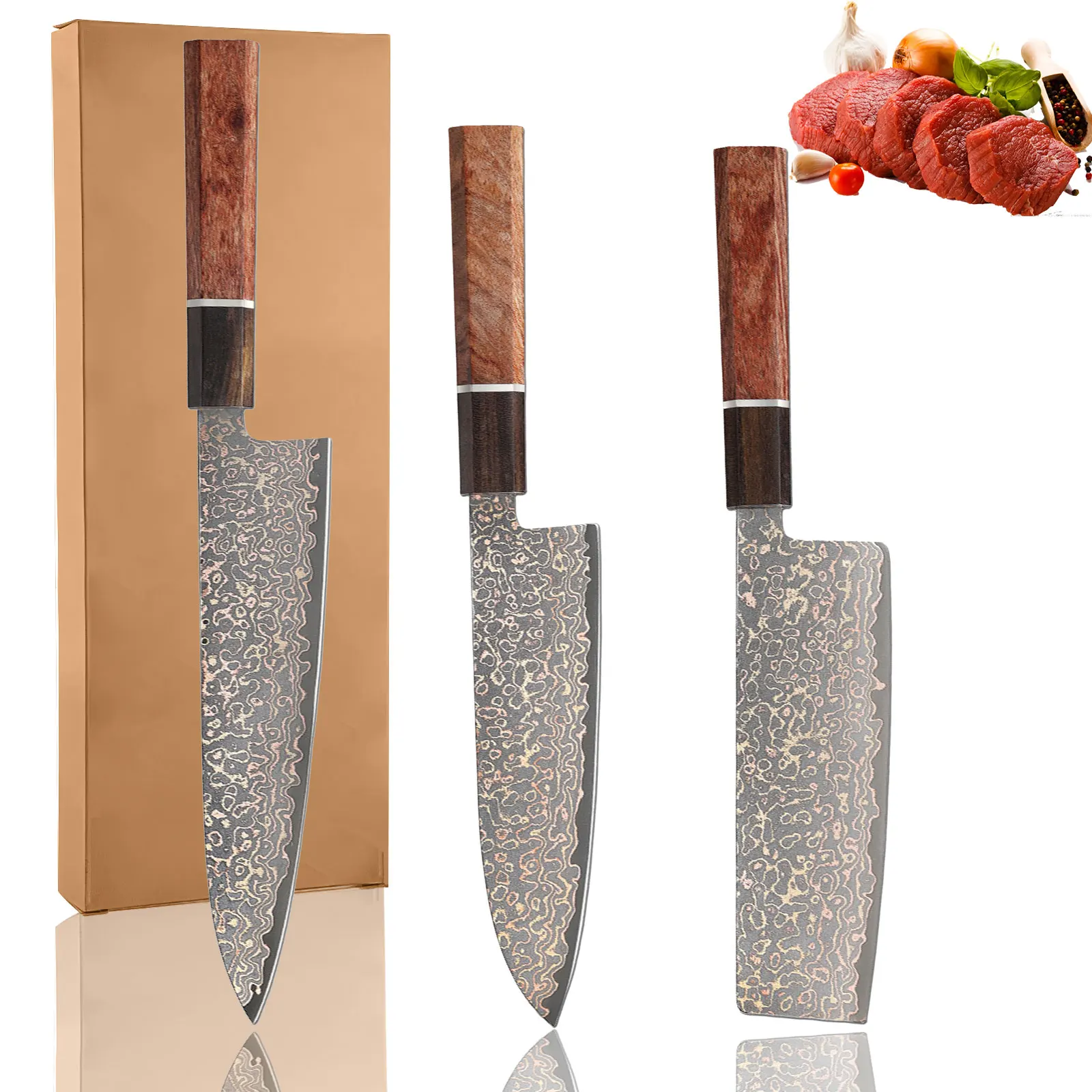 1/3pcs New tri-color copper Damascus steel set kitchen knife, high hardness 62+/-2HRC home sharp Chef's knife Santoku Knife