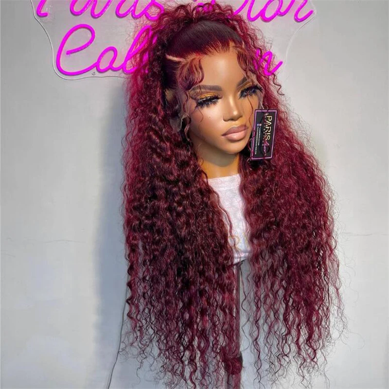 Soft 26Inch Long 180Density Burgundy Kinky Curly Deep Lace Front Wig For Women Babyhair Glueless Preplucked Daily