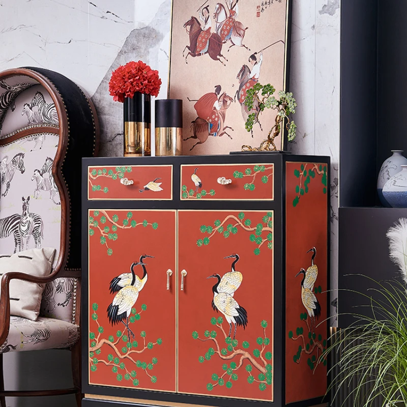 

Painted New Chinese Style Solid Wood Porch Shoe Cabinet Integrated Chinese Style Red Decorative Locker