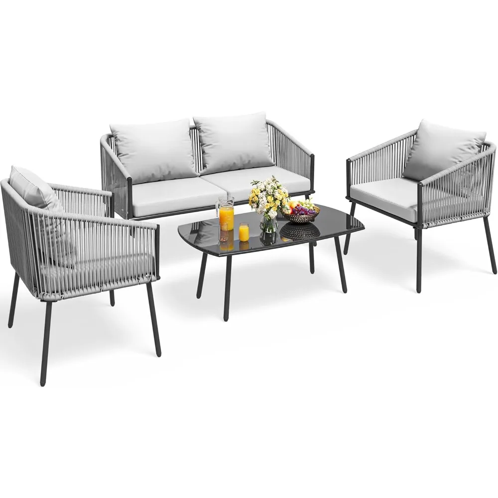 

4-Piece Patio Furniture Outdoor Bistro Set, All Weather Double Gray Rope Conversation Loveseat for Backyard (Gray)