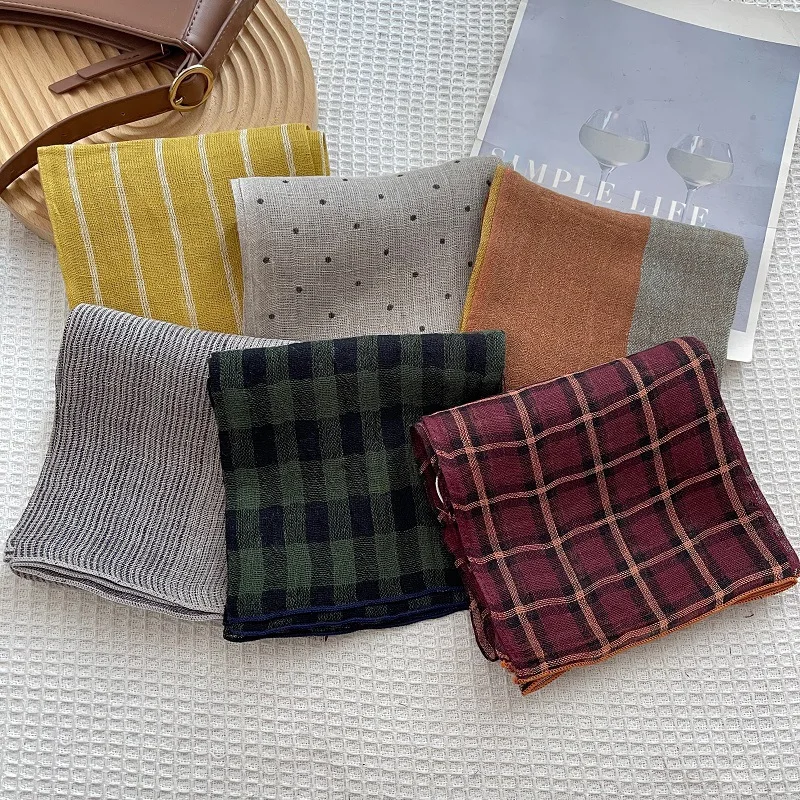 Vintage 100% Linen Square Scarf for Women Multi‑Pattern Plaid Striped Polka‑Dot Bandana Soft Thin Neckerchief Headscarf