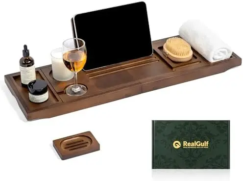

Bamboo Bath Tray with Wine Glass & Phone Holder - Brown