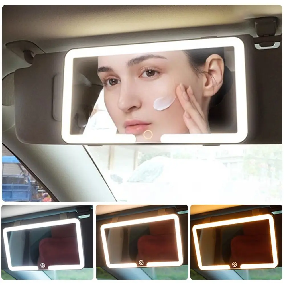 HD LED Car Makeup Mirror Rechargeable Car Visor Mount Makeup Mirror Touch Control 3 Light Modes Fill Light Mirror