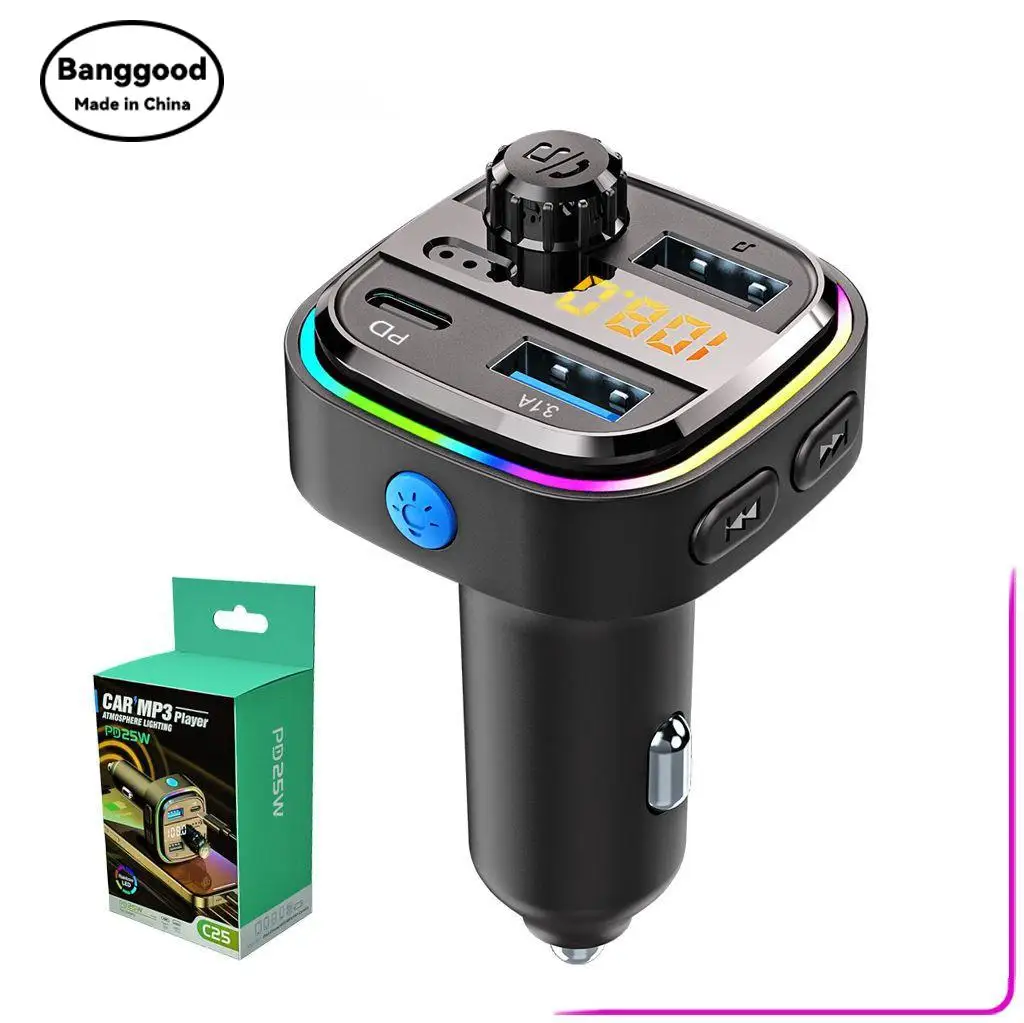 

C25 Car Cigarette Lighter Bluetooth Mp3 Player Car Hands-free USB Charging Fm Transmitter Ambient Light 3.1A