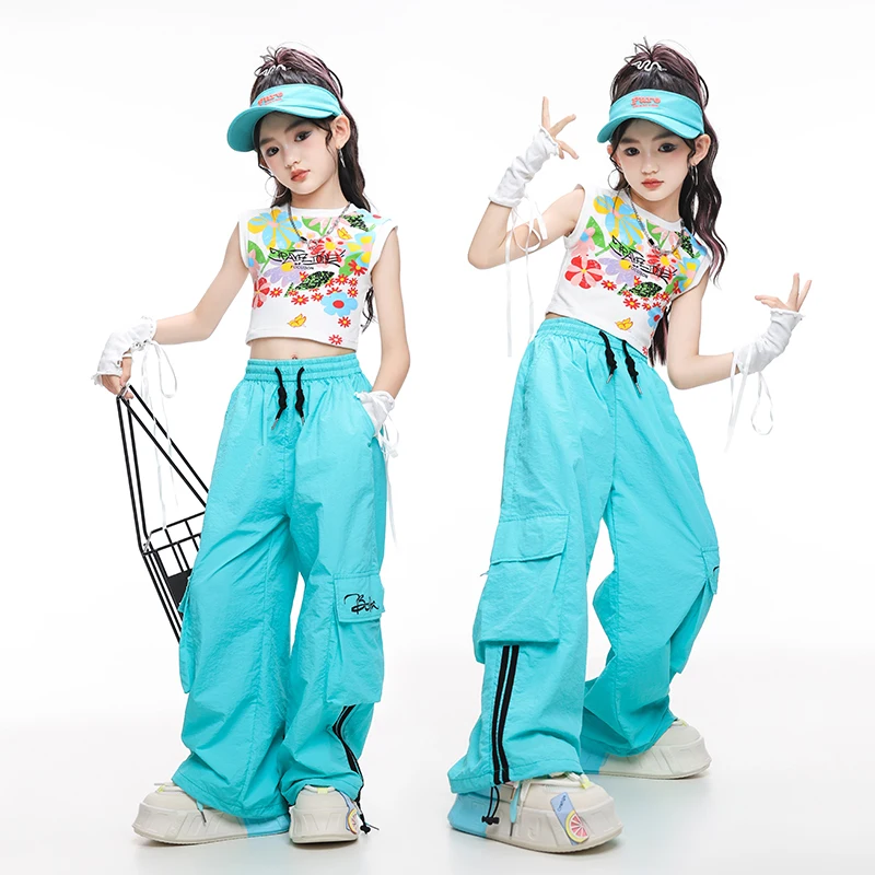 Hip Hop Kids K-pop Crop Top Street Dance Blue Pants Girls Streetwear Joggers Child Sweet Jazz Costumes Stage Clothes Sets