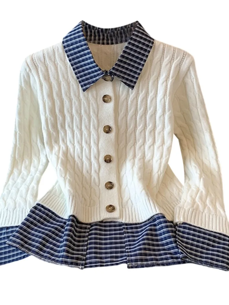   Cardigan tricoté à col ouvert pour femme, pull doux, automne-hiver, épissage à carreaux, auto-Kee Sle, Version coréenne