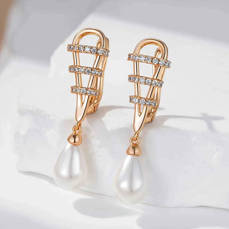 Wbmqda Water Drop Shape Pearl Earrings For Women 585 Rose Gold Color With Natural Zircon Unique Dubai Jewelry Accessories