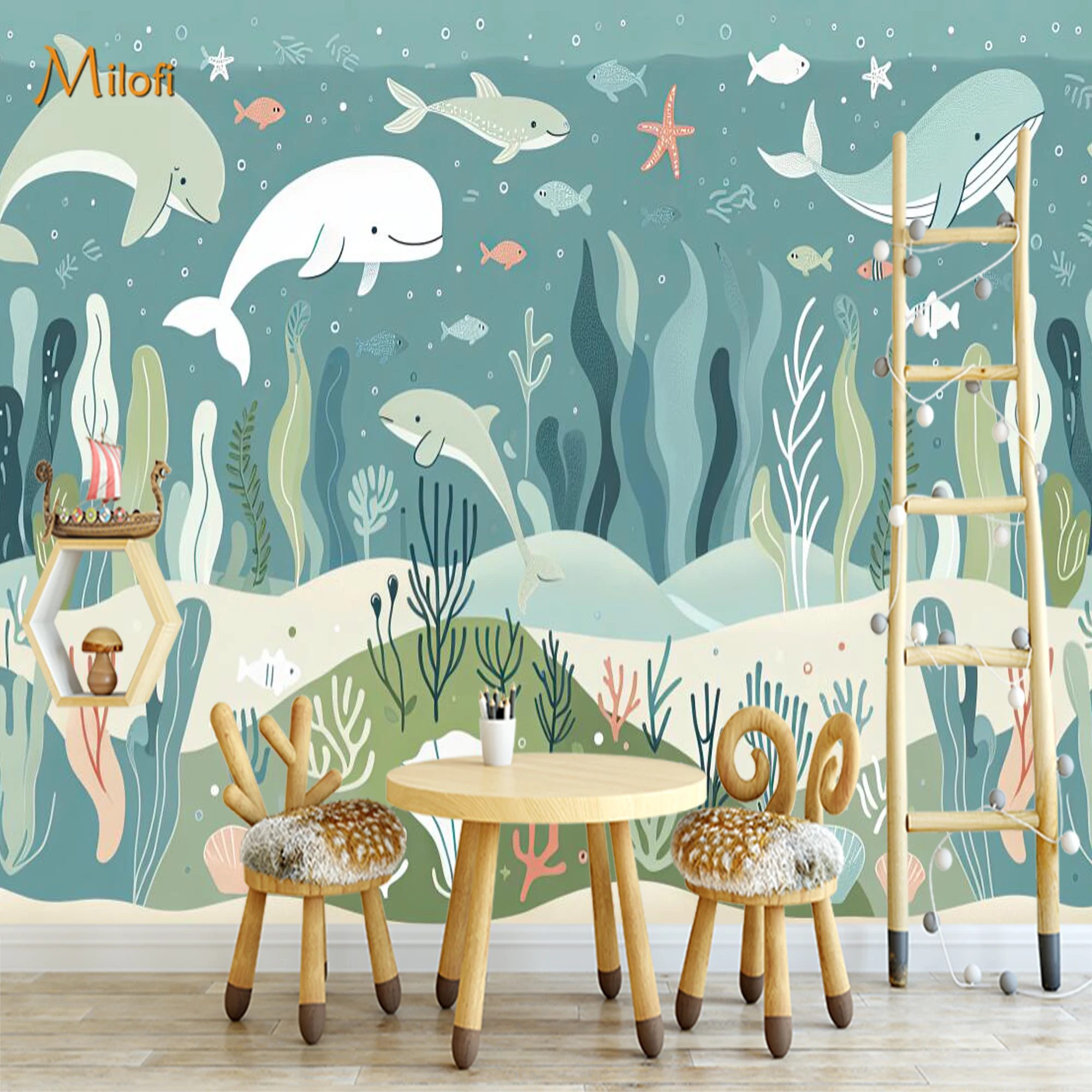 Custom Boho Forest Animal Wall Mural Rainbow Deer Fox Tree Leaves Wallpaper for Kids Baby Nursery Bedroom Background Decoration