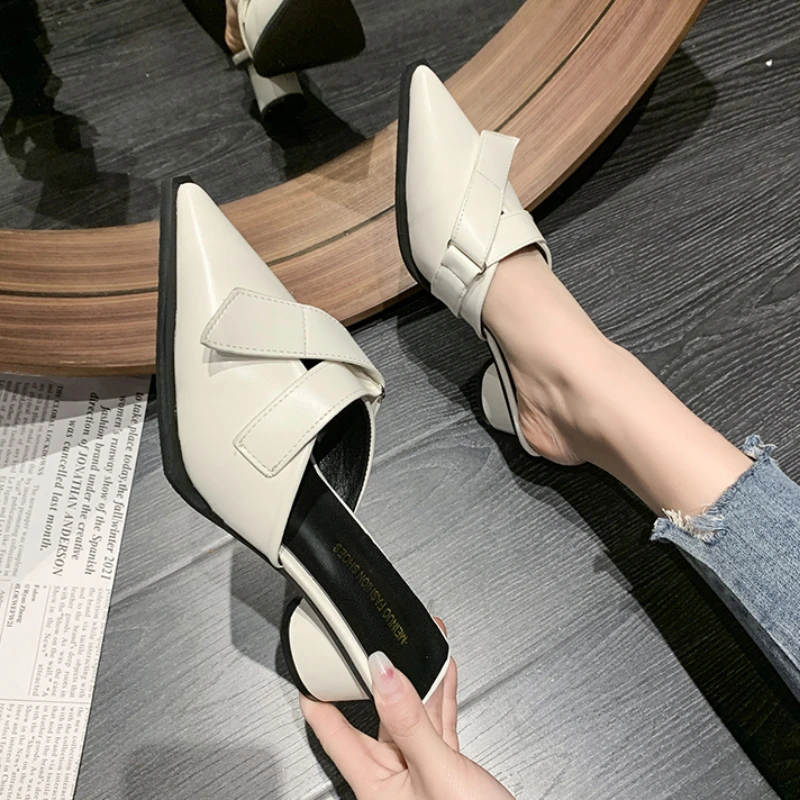 Women's Slippers Summer New Leather Pointed Toe Geometric Toe Semi-slip Fashion Temperament Added Round Heel Sandals