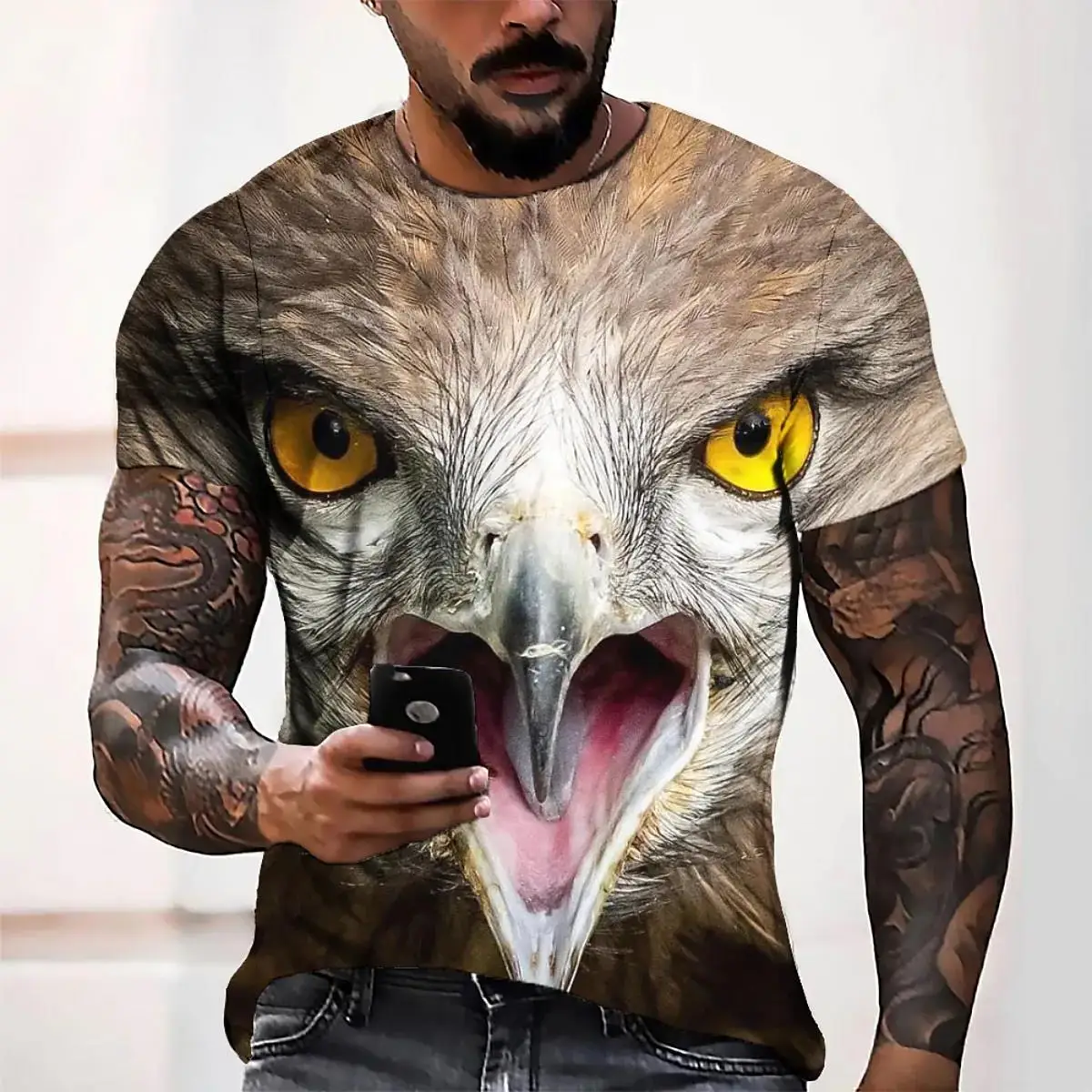 男性用3Dプリントの楽しい動物フクロウTシャツ,ラウンドネックの半袖カジュアルTシャツ,特大のTシャツ,紳士服