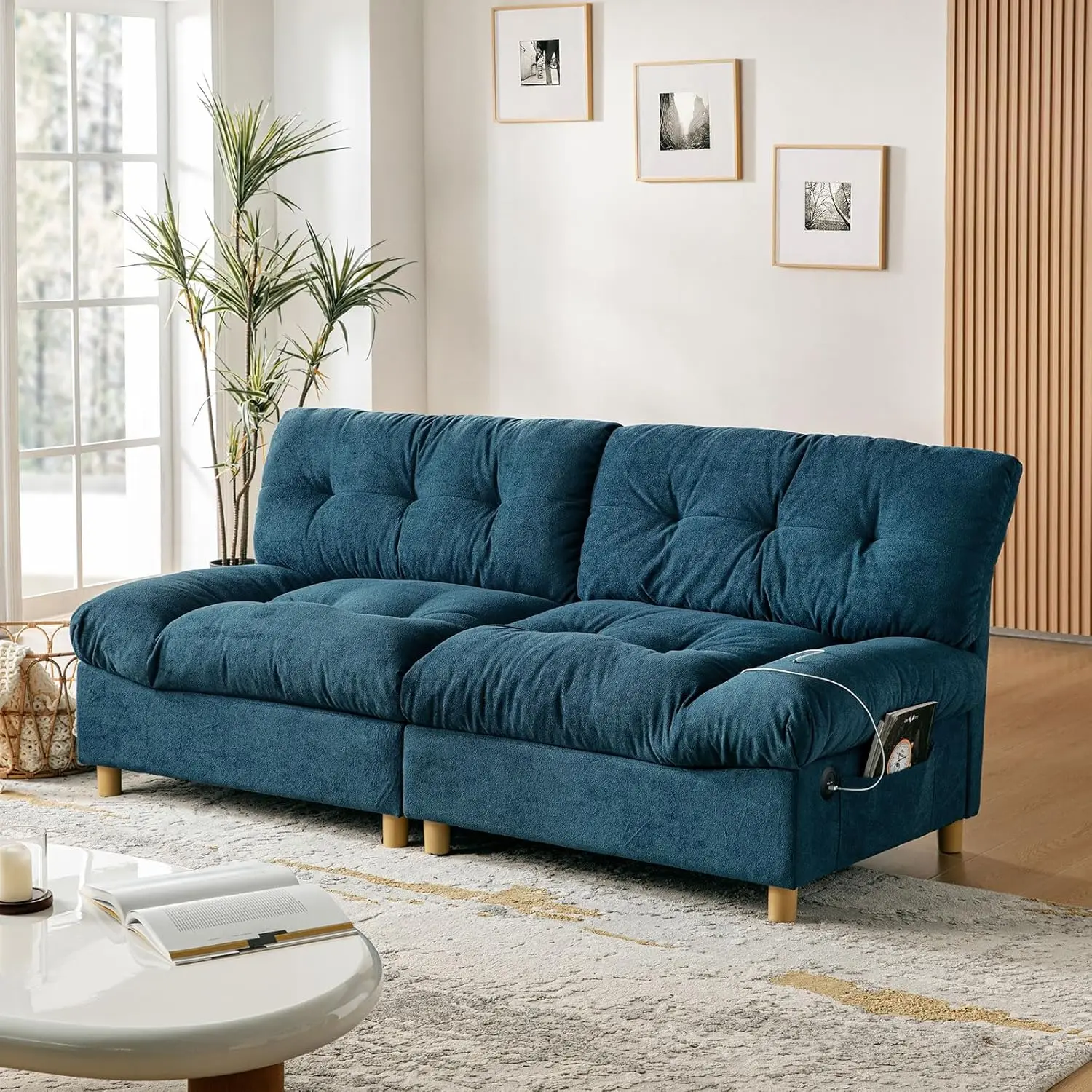 HULALA أريكة سحابية منزلية حديثة ، أريكة مسند ذراع مصممة وسادة ، محشوة من نوع Chenille Loveseat ، USB ونوع C ، 81 in