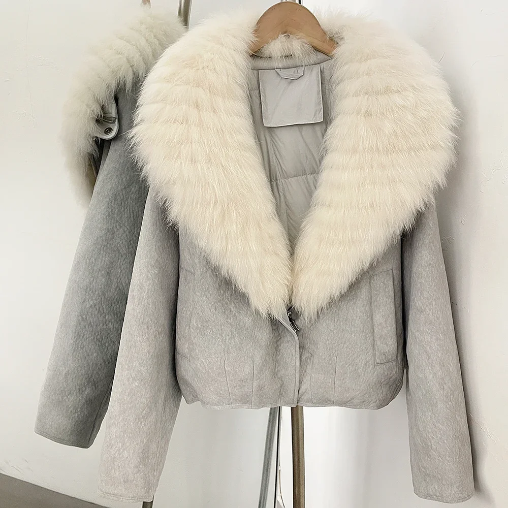 OFTBUY Dicke Daunenjacke mit Echtem Fell-Reißverschluss, Elegante Gesteppte Oberbekleidung, Gestreifter Fuchspelzkragen, Warmer Wintermantel für Damen – Detail 13