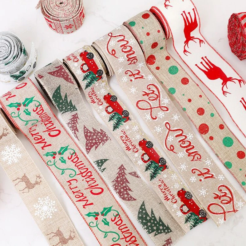 2M Christmas Linen Ribbons Merry Christmas Snowflake Deer Printing Ribbon For DIY Decorations Ornaments Gift Packaging Wrapping