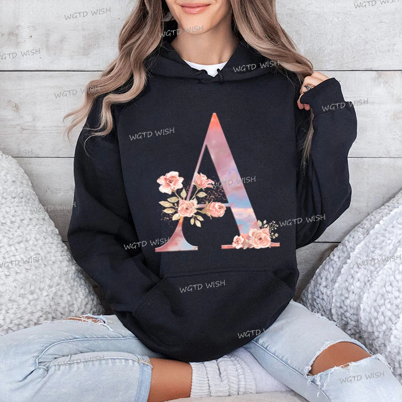 Fashion Floral Print Hoodies Women Casual Rose Alphabet A-Z Long Sleeve Sweatshirts Autumn Winter 26 Letter Trend Female Hooded