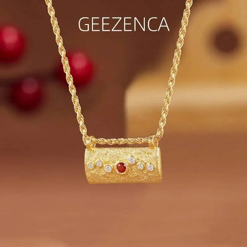 

GEEZENCA Natural Topaz Garnet S925 Silver Lock Shaped Pendant Necklace For Women Unique Chic Luxury Necklaces 2024 New Gift