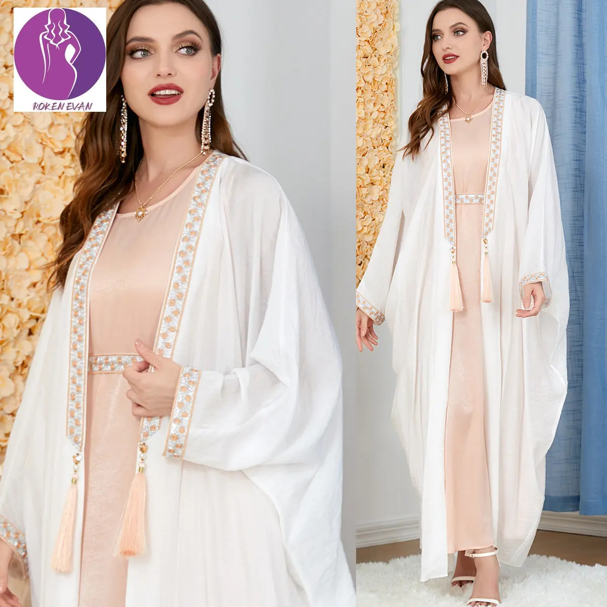 

ROKEN EVAN 2022 Autumn Muslim Arabic Dress Gold Ribbon Coat Dress Long Dress Wedding Abaya Dress Maxi Dress White Kaftan