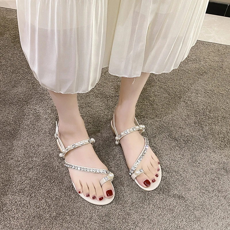 Ladies Shoes on Sale 2024 Brand One-word Buckle Women's Sandals Summer Solid Beads Open Toe Low-heeled Dress Toe Set Sandals