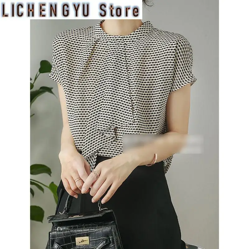 Striped Chiffon Shirt  Women Short-sleeved Fashionable Loose French Chic Feminine Belly Covering Top