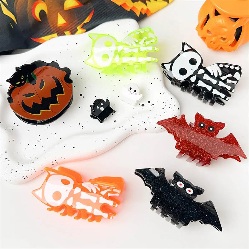 Pince à cheveux en acrylique pour la décoration de fête d'Halloween, Aliments, chauve-souris, fantôme, crâne, requin, griffe, drôle, accessoire de mode, cadeaux mignons, nouveau