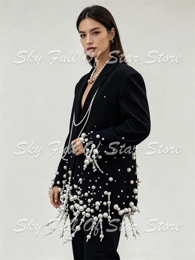 Luxury Women Suit Set 2 Pcs Draped Pearl Tassel Decor Oversized Blazer Loose Fit Custom Fashion Night Club Party Lady Jacket