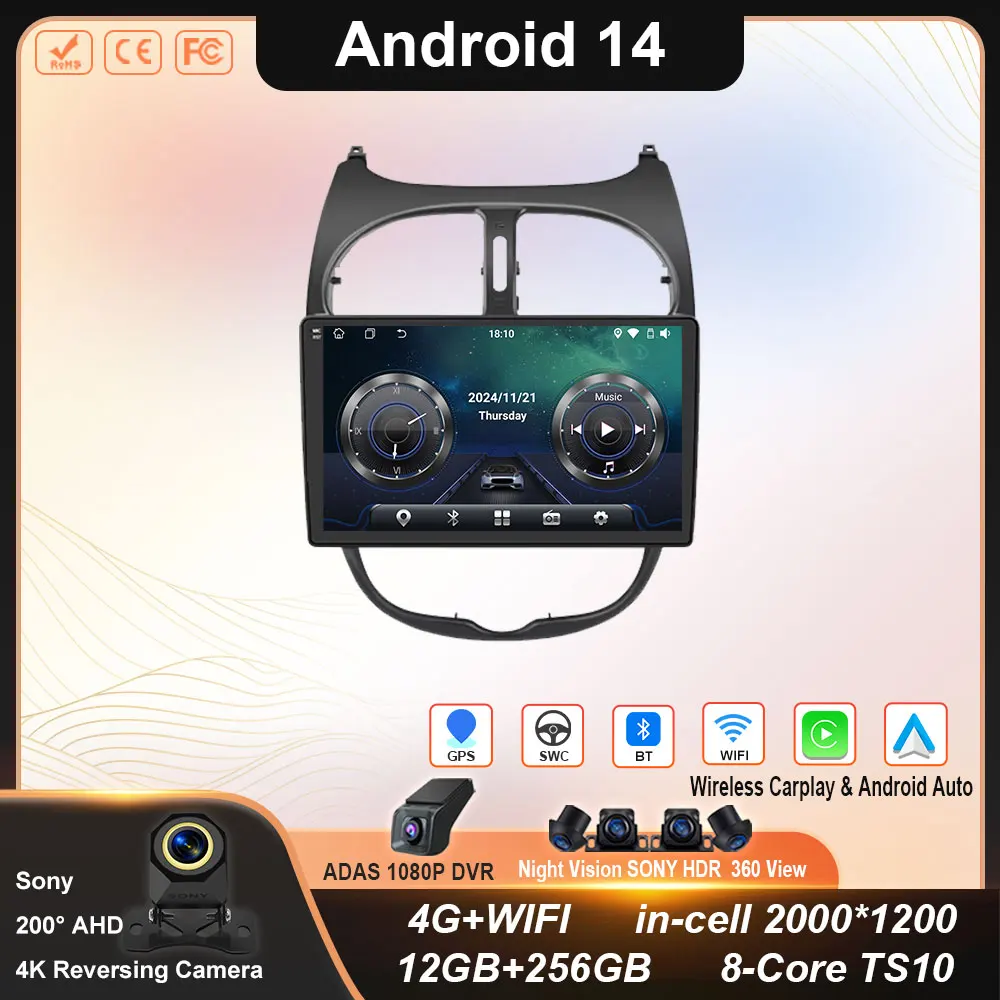 

For Peugeot 206 206CC 206SW 2001 - 2016 Multimedia Player Carplay Stereo GPS DSP DVD BT Head Unit Android 14 Car Radio No 2 Din