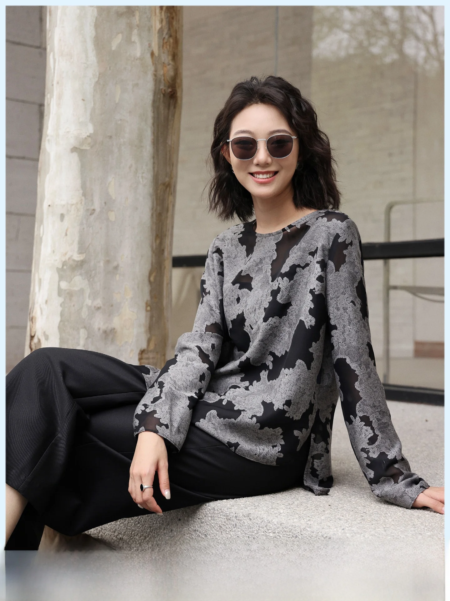 

Lace Splice Long Sleeve Thin T-Shirt Women's Loose Fit Summer New Style Commute Simple Style Polyester Fiber round Neck T-Shirt