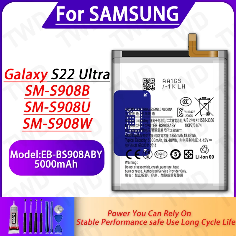 

EB-BS908ABY Large capacity 5000mAh Battery For Samsung Galaxy S22 Ultra Batteries New High Quanlity+Free Tools