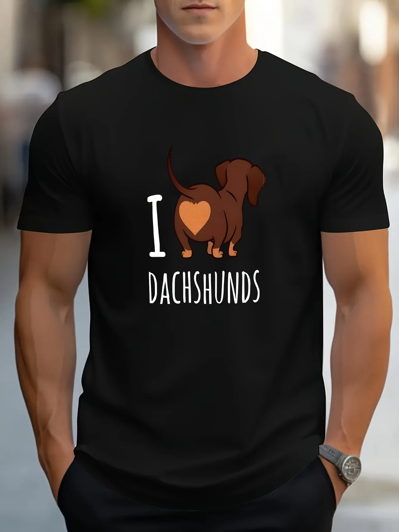 

Men's Street Style T-shirt, Dachshunds Print Short Sleeve Crew Neck Comfortable Summer Sports Tee Tops