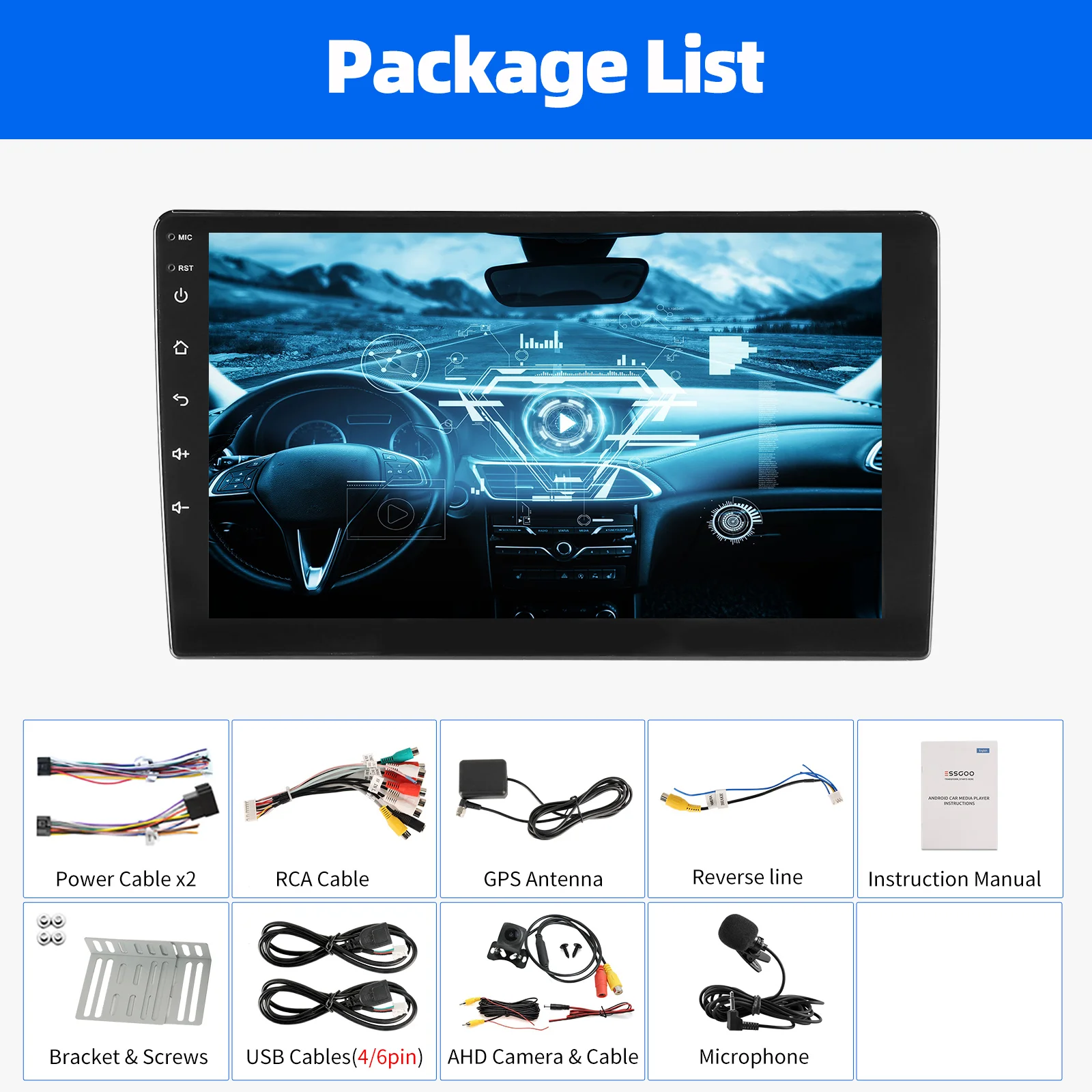 ESSGOO 4+64G Autoradio met Draadloos CarPlay en Android Auto, 9" IPS Touchscreen Double 2 DIN, GPS, SAT NAVI, FM, DAB+, Wi-Fi, USB, SWC, Multimedia Speler.