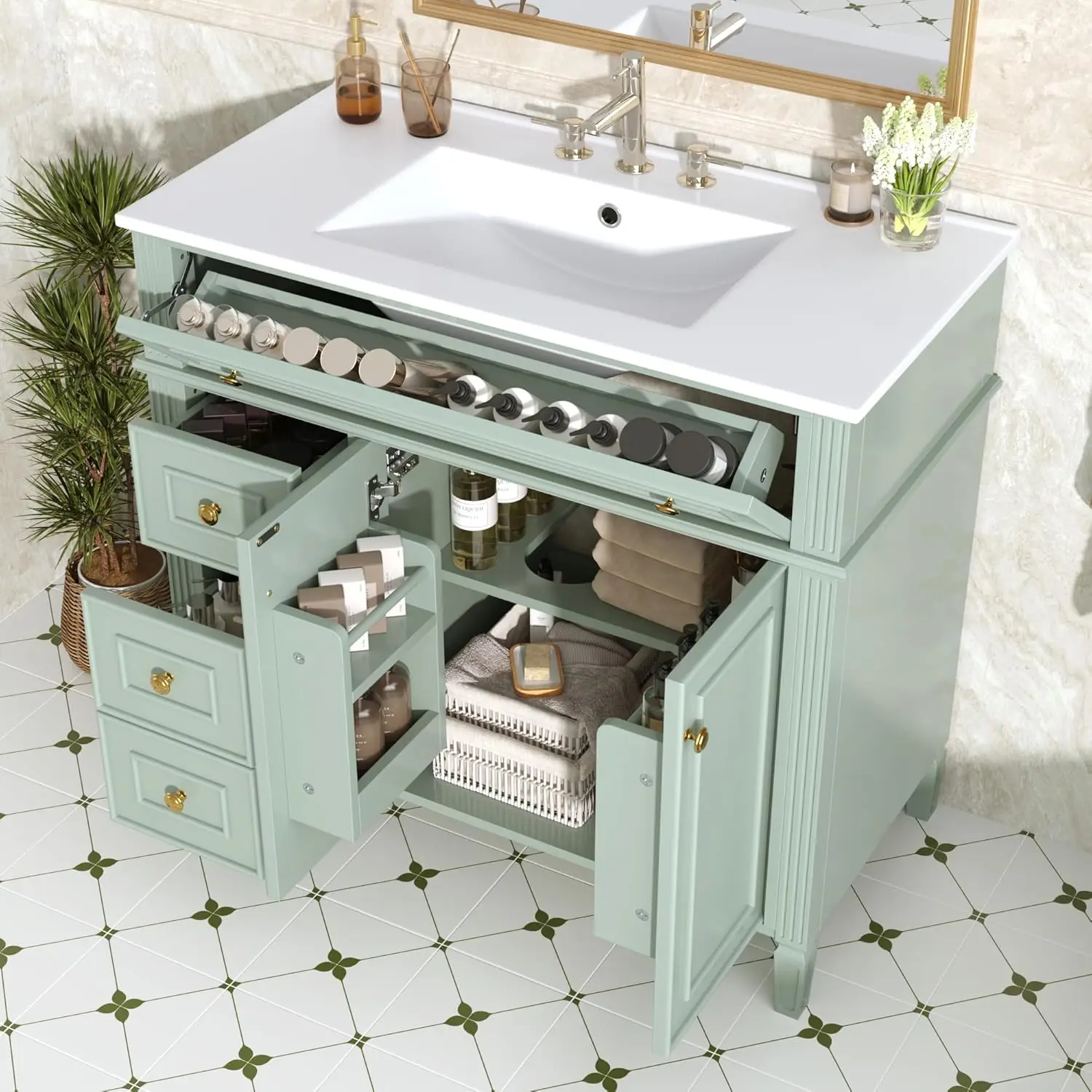 

36" Free Standing Bathroom Vanity with Sink, Tip-Out Drawer & 3 Drawers & 2 Doors, Wood Cabinet with Ceramic Basin, Customized