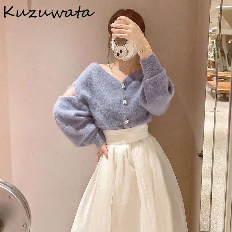 Kuzuwata V Neck Puff Sleeve Loose Elegant Jumper Voile Shoulder Strapless Patchwork Casual Sweaters Japan Button Sweet Moda Tops