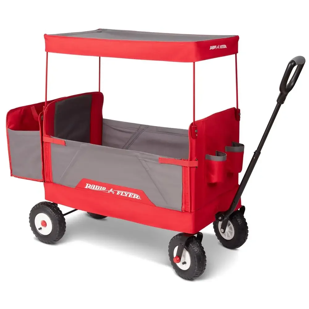 3-in-1 Folding Wagon with UV Canopy Red/Gray All-Terrain Air Tires Seat Belts 150 lbs Cap.