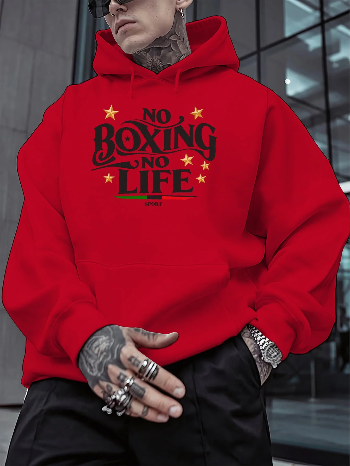 Herren-Hoodie „No Boxing No Life“ Grafik-Kapuzenpullover Vintage-Schriftzug-Stern-Print Italienische Flagge Farbiger Pullover Hoodie Boxen Sport Streetwear – Detail 6