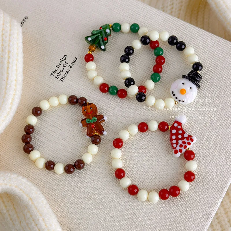 Bracelet Beaded Christmas Santa Gingerbread Cute Adorable for Friends Holiday Gift Premium Resin Lightweight Durable