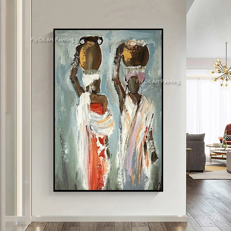 Handmade Abstract African Dancers Oil Painting Gold Foil Textured Canvas Wall Art Large Modern Figurative Poster for Living Room