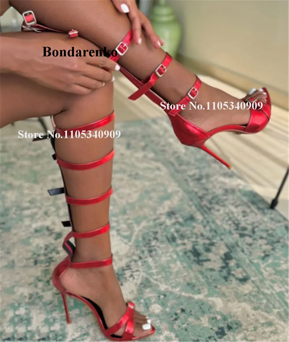 

Bondarenko Sexy Red Narrow Straps Cross Stiletto Heel Dance Heels Open Toe Strappy Buckles Thin Heel Long Sandals Boots