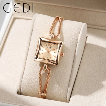 2024 Fashion Gedi Top Brand Rose Gold Women Square Wrist Watch Alloy Rope Band Water Resistance Luxury Ladies Quartz Jewely 20mm