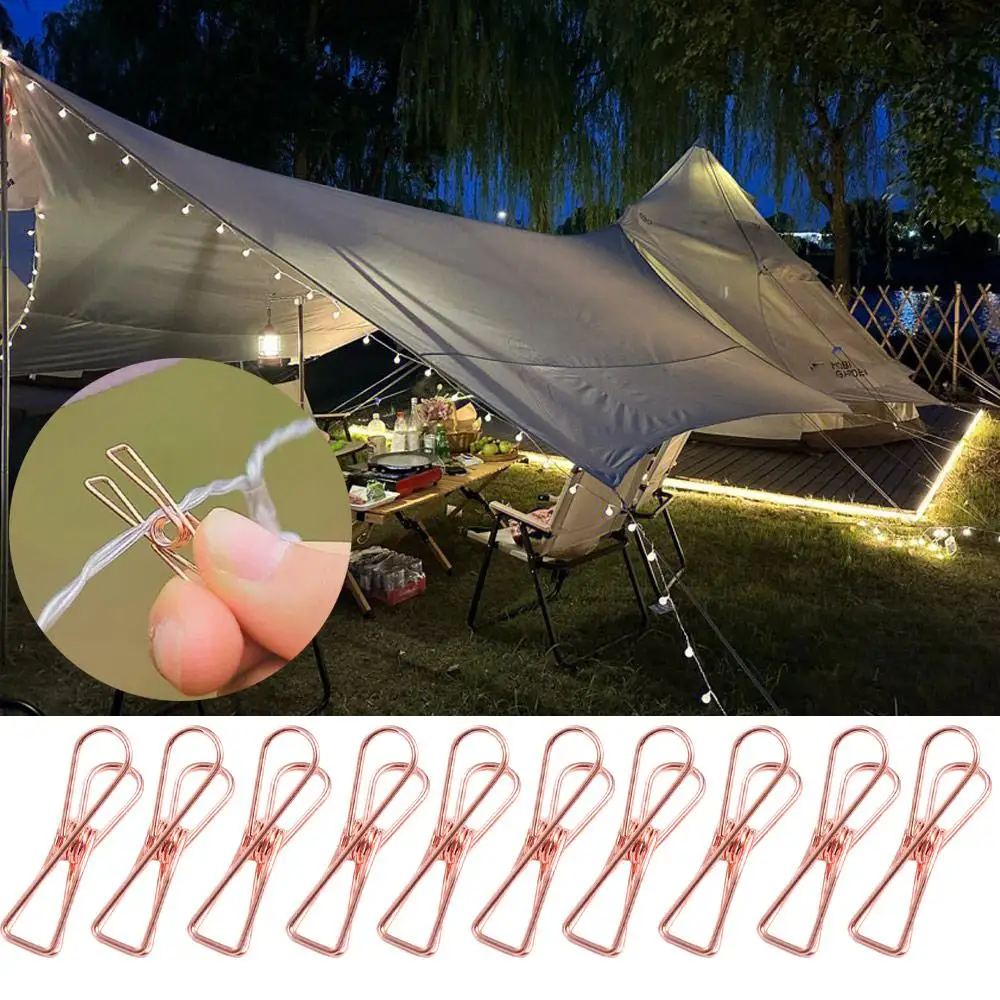 10 Pcs Rose Gold Outdoor Tent Clip Metal Nice-looking Lamp String Fixing Clip Portable Multifunction Hollow Long Tail Clip Tent