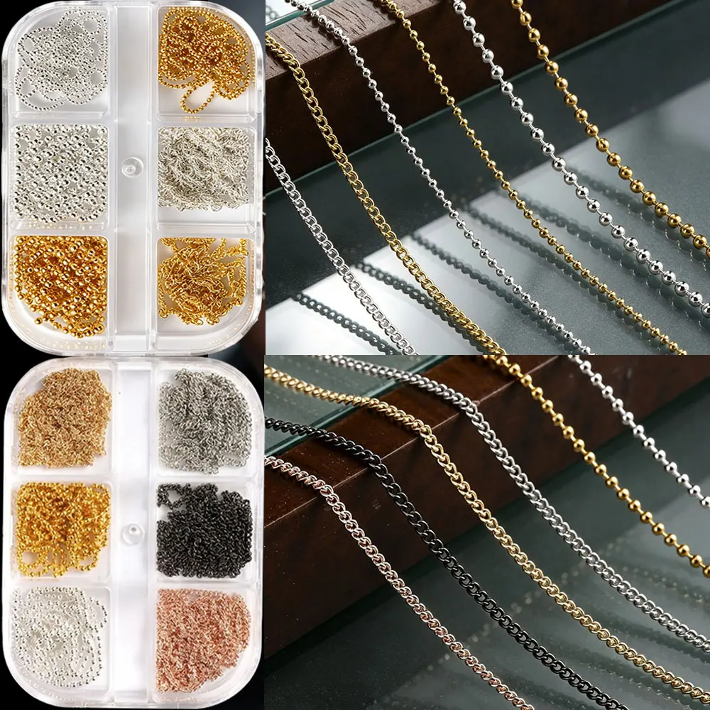 6/12Grid Metal Bead Chain Link Curb Chain Ball Nail Chain Charms Silver Gold Rose Black Alloy Tiny Cable Chains DIY Nail Jewelry