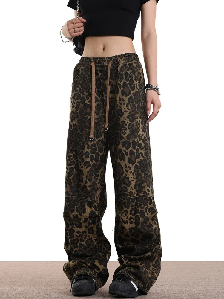 جديد الهيب هوب ليوبارد طباعة بنطال ذو قصة أرجل واسعة للنساء الخريف فضفاض مستقيم بنطلون عالية الخصر الرباط كل مباراة ​ بانتالون فام