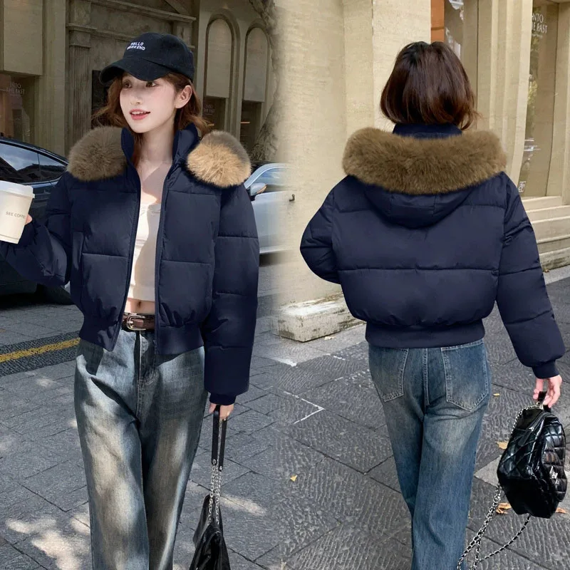 

2025 New Winter Jacket Women Korean Fashion Fox Fur Collar Hooded Short Parkas Ladies High Street Thick Warm Cotton Outerwear