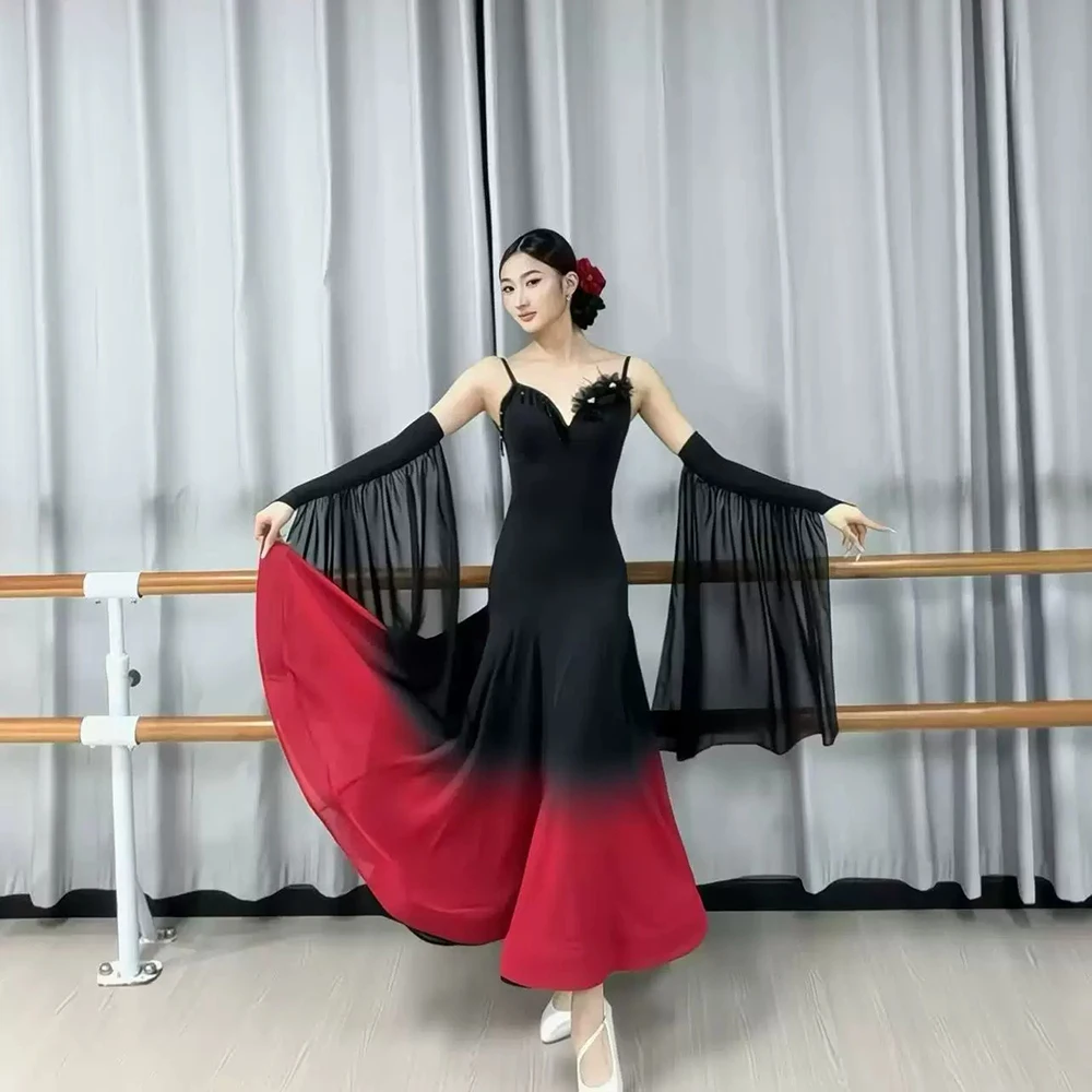 Elegant Women's Ballroom Dance Dress V-Neck Spaghetti Strap Big Swing Dress Waltz Performance Costume with Flare Chiffon Sleeve