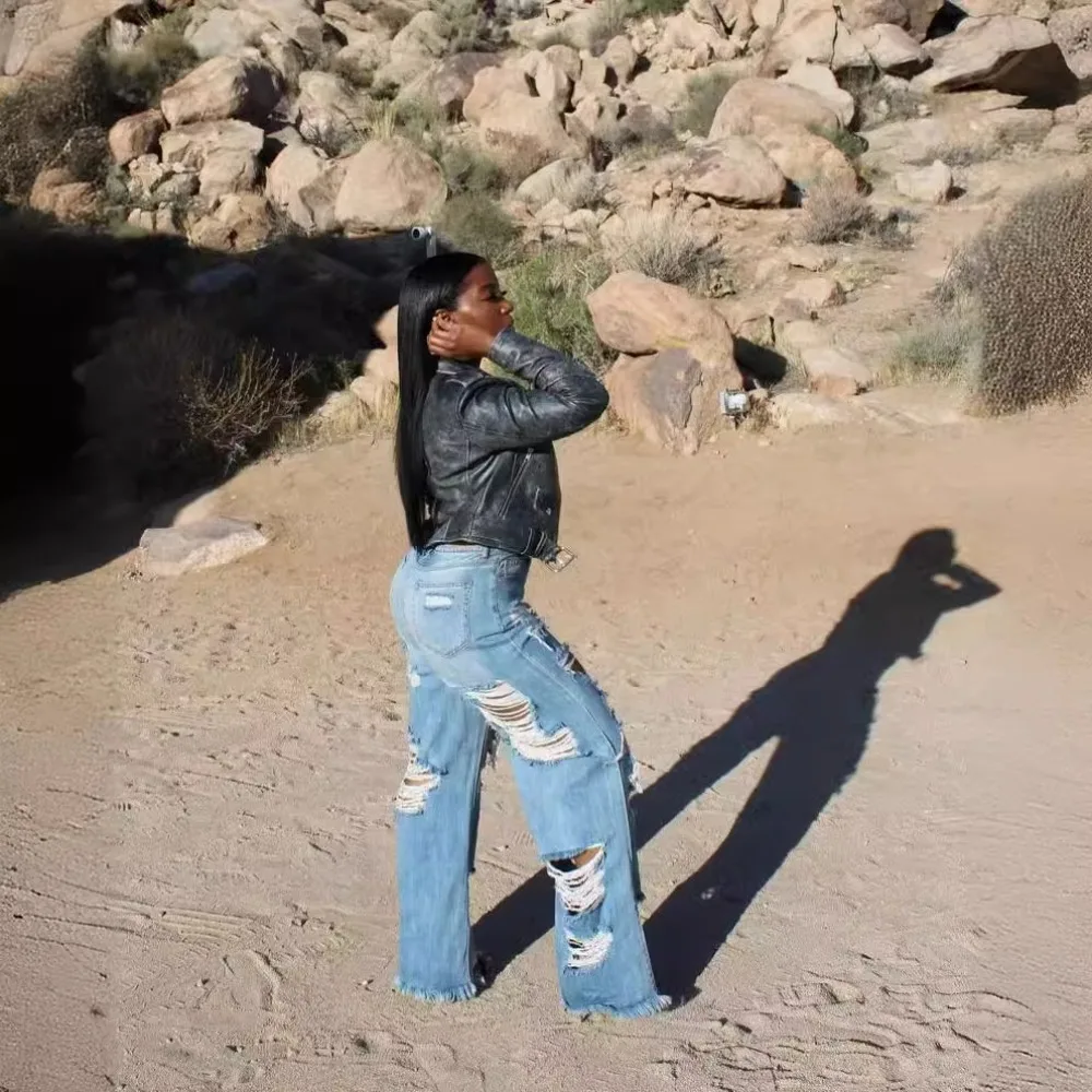 Frauen Jeans zerrissen Loch Vintage weites Bein Jeans hohe Taille knöchel lange Jeans hose solide Distressed Taschen locker sitzen lässig